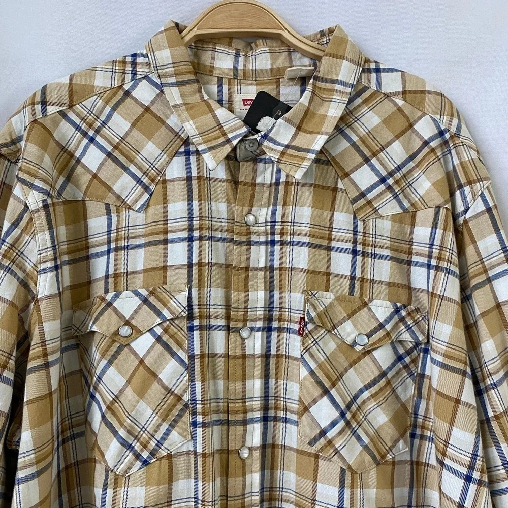 Levi's‎ Western Pearl Snap Shirt Men XXL Tan Plaid Button Up Cowboy Barn Rodeo